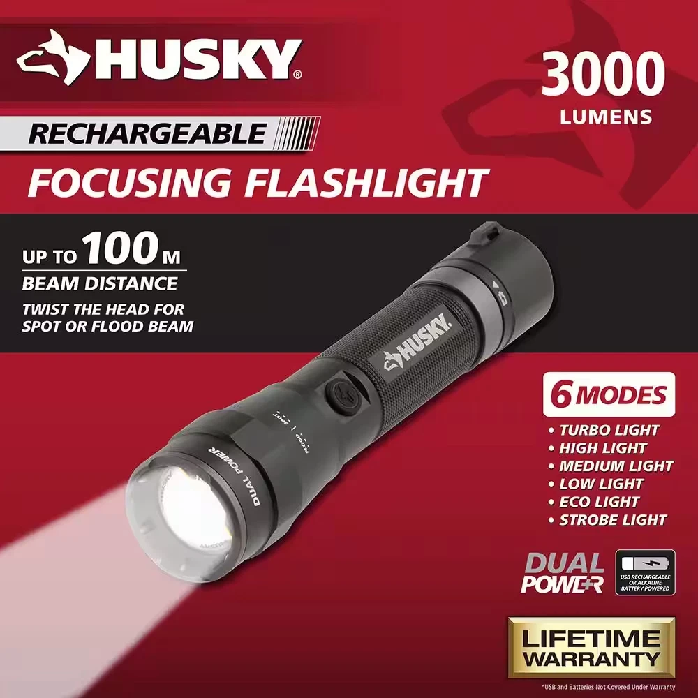 3000-Lumens Dual Power LED Rechargeable Tactical Focusing Handheld Flashlight